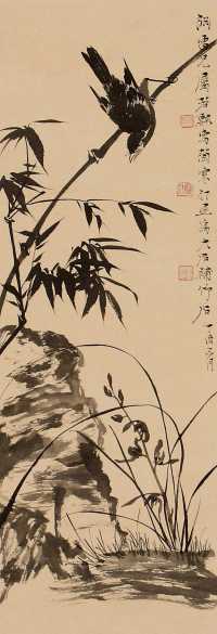 江寒汀 唐云 若瓢 丁酉（1957年）作 竹鸟 立轴
